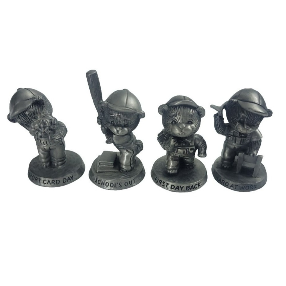 Vintage 1980's Set of 4 Avon Fine Pewter School Days Teddy Bear Figurines